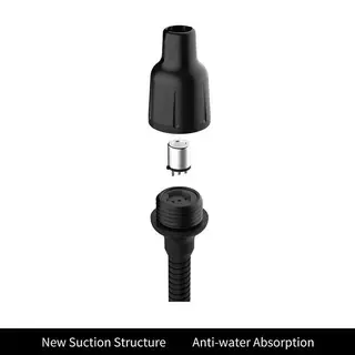Exploded-view image of a black detector or probe component with a cap and internal parts separated vertically, shown on a white background with a small caption reading 'New Suction Structure' and 'Anti-water Absorption'.